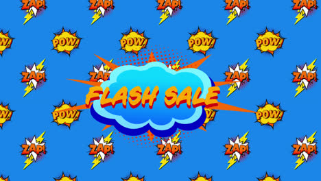 Flash-Sale,-Pow-Und-Zap-Text-Auf-Sprechblase-Vor-Blauem-Hintergrund