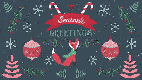 Animation-of-Season's-Greetings-words-with-a-fox-on-Christmas-decorations-background