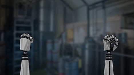 Robot-hands-and-blurred-industrial-background