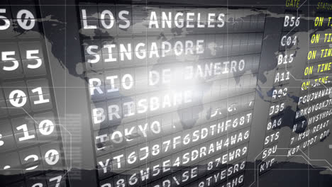 Animation-of-airport-departure-digital-board-on-world-map