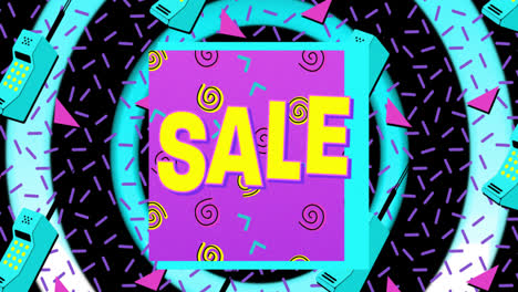 Sale-written-in-yellow-with-blue-retro-cellphones-and-graphic-elements-moving-on-colourful-backgroun
