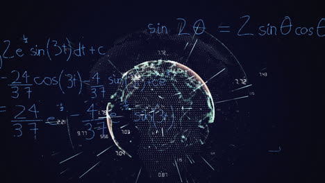 Animation-of-mathematical-formulae-and-data-processing-and-information-flowing-on-blue-background
