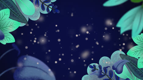 Animation-Mehrerer-Grüner-Blätter-Mit-Flackernden-Partikeln-Am-Nachtblauen-Himmel-Im-Hintergrund