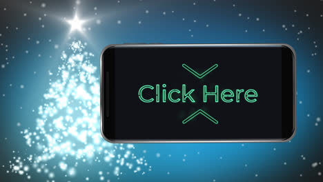 Digital-animation-of-click-here-neon-text-on-smartphone-screen-against-glowing-christmas-tree-on-blu