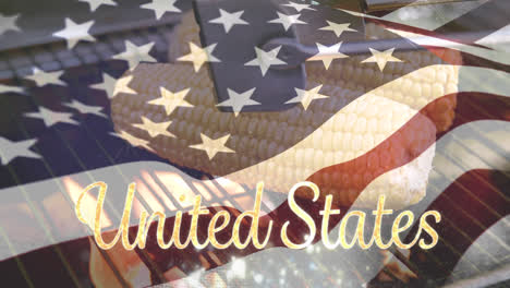 Corn-being-grilled-and-the-American-flag-with-United-States-text-for-fourth-of-July.