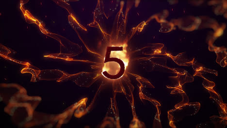 Animation-of-glowing-number-5-in-flames-over-explosion-of-orange-light-trails