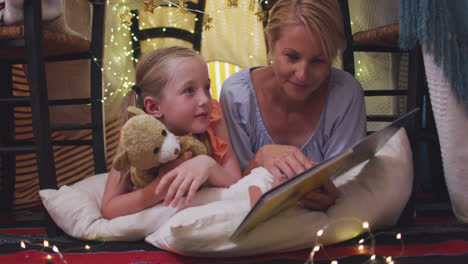 Front-view-of-Caucasian-woman-reading-a-story-to-her-daughter-at-home