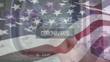 Coronavirus-text-and-mathemathical-equations-against-washing-hands-and-US-flag-waving