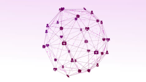 Animation-of-digital-interface-and-globe-of-network-of-connections-with-purple-icons-on-white-backgr