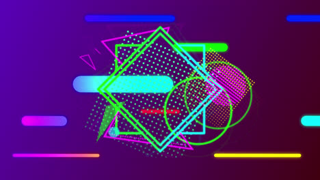 Brightly-coloured-geometric-shapes-with-lines-and-capsules-moving-across-dark-background