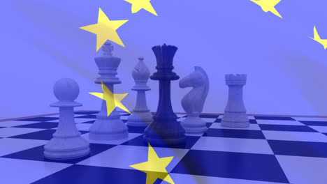 EU-Flagge-Weht-über-Schachbrett-Gegen-Blauen-Himmel