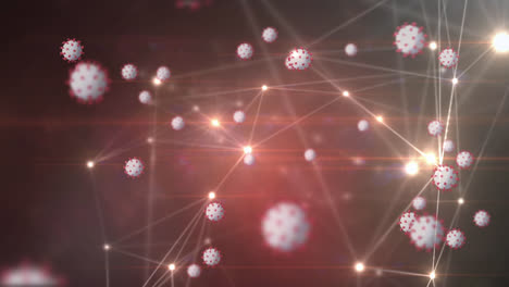 Animation-Mehrerer-Covid-19-Zellen,-Die-über-Einem-Leuchtenden-Netzwerk-Von-Verbindungen-Im-Hintergrund-Schweben
