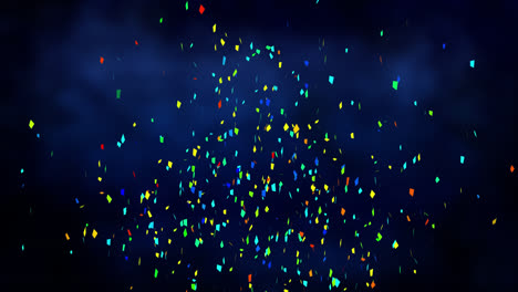 Animation-of-multi-coloured-confetti-falling-over-glowing-blue-background