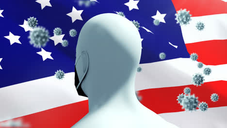 Covid-19-cells-and-human-head-model-wearing-face-mask-against-US-flag-waving