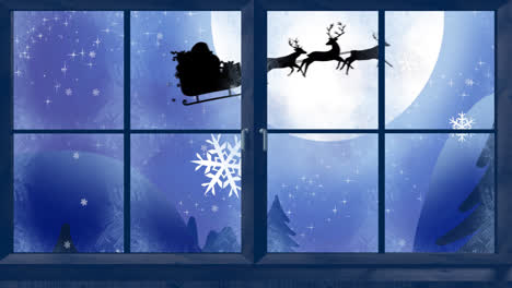 Animation-of-black-silhouette-on-santa-claus-in-sleigh-being-pulled-by-reindeer-with-winter-scenery-