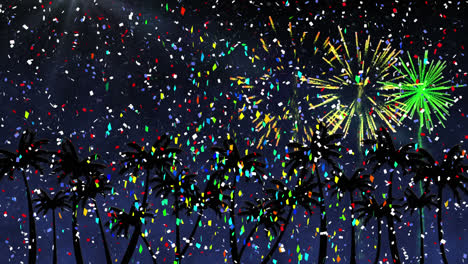 Animation-of-multi-coloured-confetti-and-fireworks-over-palm-trees