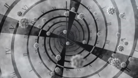 Animation-Von-Covid-19-Zellen,-Die-über-Einer-Sich-Drehenden-Uhr-Auf-Grauem-Hintergrund-Schweben
