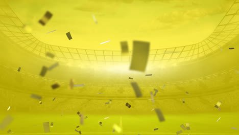 Animation-of-gold-confetti-falling-over-empty-sports-stadium-on-yellow