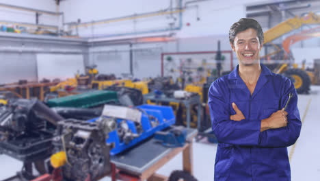 Caucasian-worker-wearing-a-blue-overwall-and-hat-in-a-factory-smiling-at-the-camera