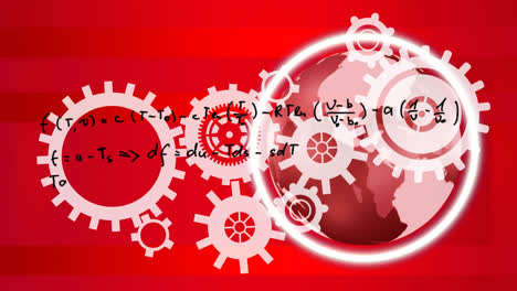 Animation--of-a-white-gears-over-scientific-formulas-on-red-background