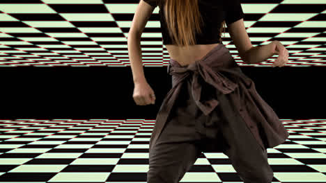 Woman-dancing-slow-motion-with-checkerboard-squares-moving-above-and-below-on-black-background