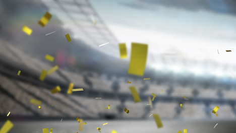 Animation-of-golden-confetti-falling-over-empty-sports-stadium
