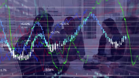 Animation-of-stock-market-display-with-business-man-at-a-meeting-in-the-background