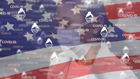 Covid-19-Konzeptsymbole-Und-Frau-Mit-Gesichtsmaske-Gegen-US-Flagge-Wehend