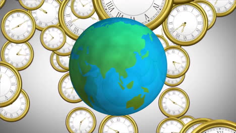 Schnell-Drehende-Altmodische-Uhren-Und-Ein-Sich-Drehender-Globus