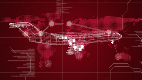 Animation-of-data-processing-and-locations-pulsating-on-world-map-and-3d-model-of-airplane