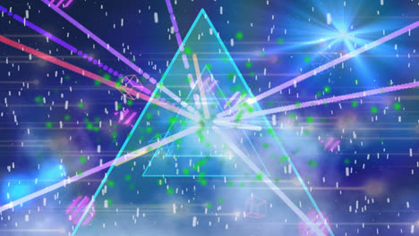 Animation-of-multiple-blue-triangles-with-icons-floating-and-glowing-rays