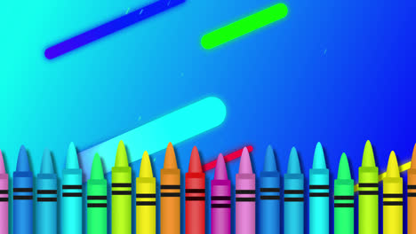 Bunte-Formen,-Die-Sich-Diagonal-Auf-Einem-Blauen-Hintergrund-Bewegen,-Darunter-Eine-Reihe-Von-Buntstiften