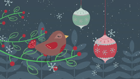 Animation-Eines-Sich-Bewegenden-Vogels-Auf-Einem-Weihnachtszweig-Mit-Weihnachtsdekorationen-Und-Fallenden-Schneeflocken