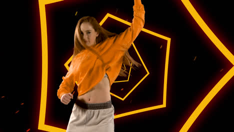Frau-Tanzt-In-Zeitlupe-Mit-Orangefarbenen-Sechsecken-Auf-Schwarzem-Hintergrund