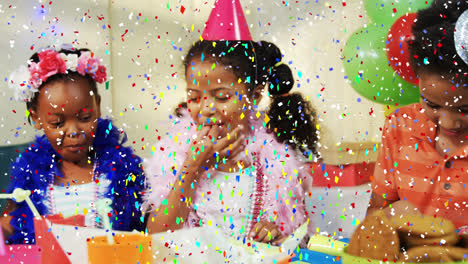 Animation-of-multi-coloured-confetti-falling-over-children-at-party