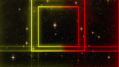 Animation-of-a-tunnel-of-glowing-bright-geometric-square-with-night-sky-and-glowing-star-in-the-back