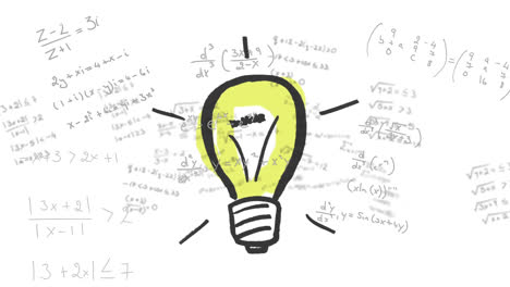 Animation-of-a-light-bulb-drawing-over-black-mathematical-equations-floating-on-white-background