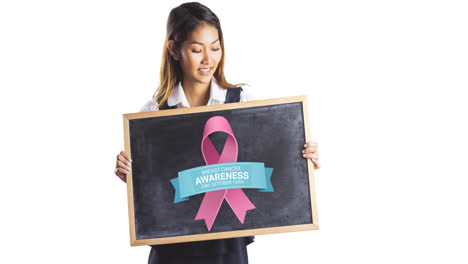 Animation-Des-Pink-Ribbon-Logos-Mit-Brustkrebs-Text-über-Einer-Lächelnden-Jungen-Frau