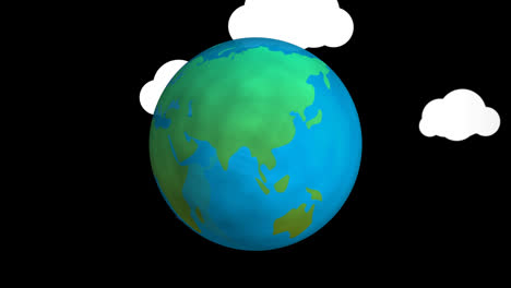 Animation-Von-Wolken-Mit-Digitalen-Symbolen-über-Dem-Globus-Auf-Schwarzem-Hintergrund
