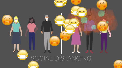 Mehrere-Gesichts-Emojis-Fallen-über-Menschen-Und-Halten-Symbole-Für-Soziale-Distanzierung-Vor-Grauem-Hintergrund-Aufrecht