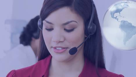 Animation-of-globe-over-businesswoman-phone-headset