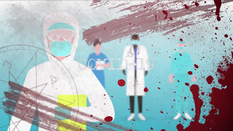 Covid-19-text-over-medical-health-worker-icons-against-red-paint-splashes-on-blue-background