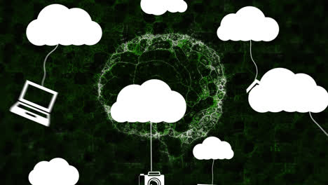 Animación-Del-Cerebro-Giratorio-Y-Nubes-Blancas-Con-Iconos-Multimedia-Colgantes-Sobre-Fondo-Negro