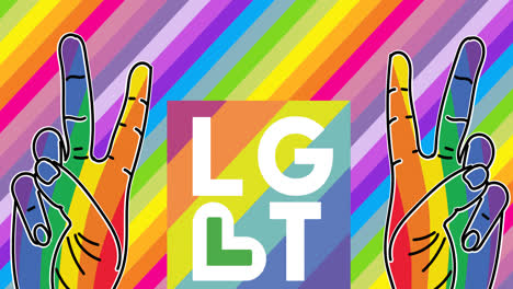 Digital-animation-of-lgbt-text-and-two-rainbow-colored-hand-peace-signs-against-rainbow-background