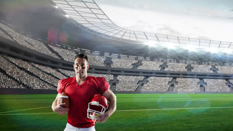 Animation-of-american-football-player-holding-ball-and-helmet-over-sports-stadium