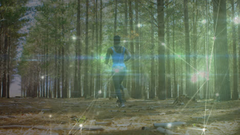 Animation-of-network-of-connections-over-woman-exercising-in-forest