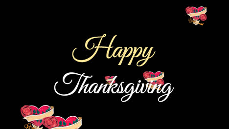 Happy-Thanksgiving-Text-Gegen-Herz-Und-Schlüsselsymbole,-Die-Vor-Schwarzem-Hintergrund-Fallen