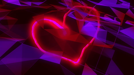 Animation-of-neon-pink-heart-light-drawing,-with-network-of-purple-shapes-on-black-background