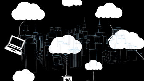 Animation-of-clouds-with-digital-icons-over-3d-city-drawing-on-black-background