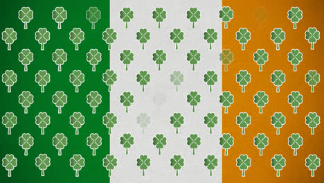 Animación-Digital-De-Múltiples-Hojas-De-Trébol-Flotando-Contra-La-Bandera-Irlandesa